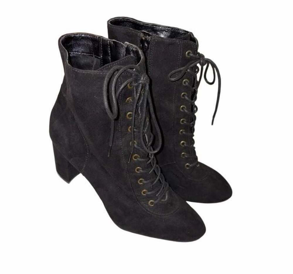 Kaari Black Witchy Goth Pointed Toe Lace Up Block Heel Ankle Boots